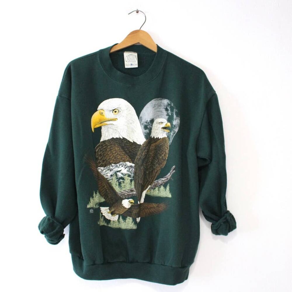 Vintage 90s Bald Eagle Wilderness Green Sweatshirt Mens Large Wildlife